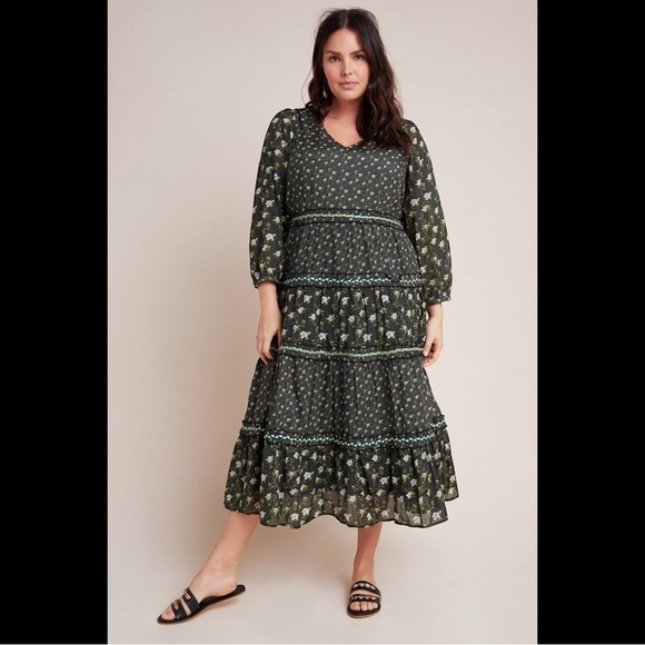 Anthropologie Karoline Tiered Maxi Dress Long Sleeve Ditsy Floral size 14 Boho - Picture 5 of 16